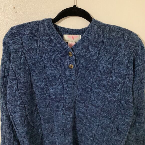 American Weekend Vintage Blue Grandpacore Cable Knit Fisherman Button Sweater S - Picture 2 of 8
